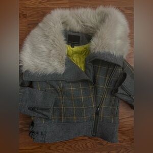 Banana Republic Gray Plaid Bomber Faux Fur Collar